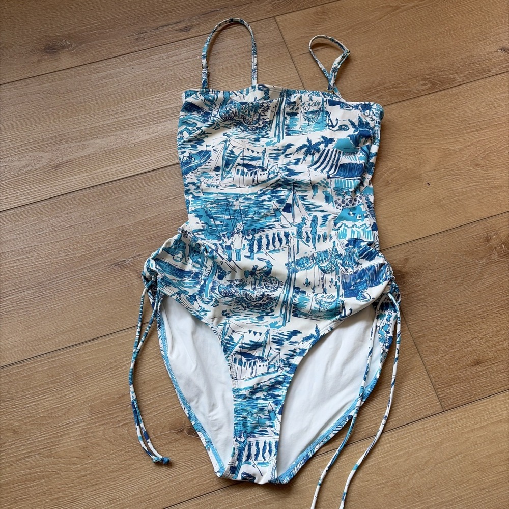 Lilly Pulitzer One Piece LORENDA SWIMSUIT Side Cinch Tie Blue White Resortโ